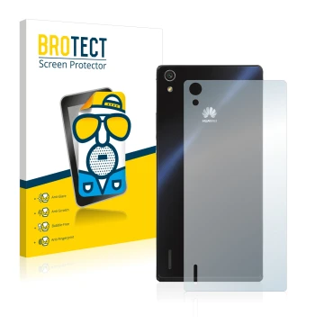 Front side of a product packaging with the brand logo BROTECT. Next to it is the device Huawei Ascend P7 (Back) shown with the