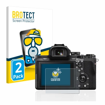 Front side of a product packaging with the brand logo BROTECT. Next to it is the device Sony Alpha 7 II (ILCE-7M2) shown with 