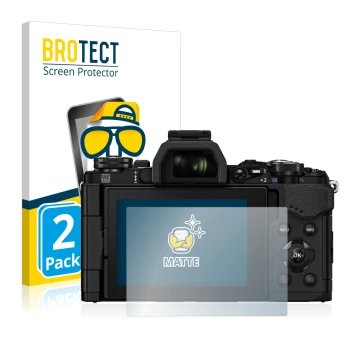 Front side of a product packaging with the brand logo BROTECT. Next to it is the device Olympus OM-D E-M5 Mark II shown with t
