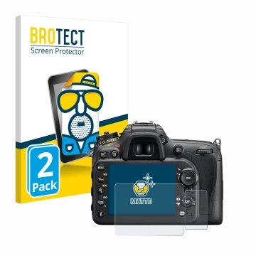Front side of a product packaging with the brand logo BROTECT. Next to it is the device Nikon D7200 shown with the correspondi