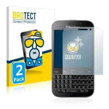 Front side of a product packaging with the brand logo BROTECT. Next to it is the device Blackberry Classic Q20 shown with the 