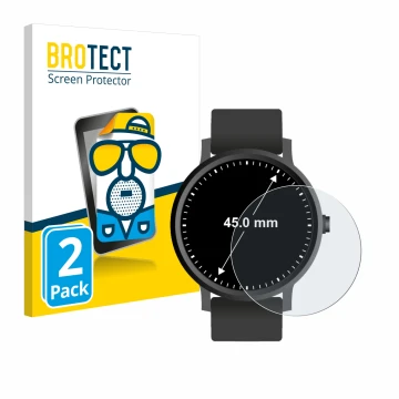 Front side of a product packaging with the brand logo BROTECT. Next to it is the device Watches (Circular, ø: 45 mm) shown wit