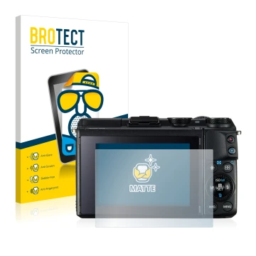 Front side of a product packaging with the brand logo BROTECT. Next to it is the device Canon EOS M3 shown with the correspond