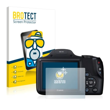 Front side of a product packaging with the brand logo BROTECT. Next to it is the device Canon PowerShot SX530 HS shown with th