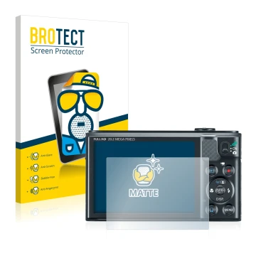 Front side of a product packaging with the brand logo BROTECT. Next to it is the device Canon PowerShot SX610 HS shown with th