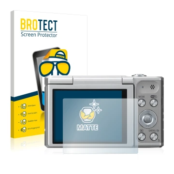 Front side of a product packaging with the brand logo BROTECT. Next to it is the device Panasonic Lumix DMC-SZ10 shown with th