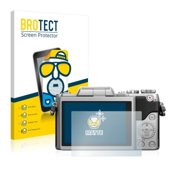Front side of a product packaging with the brand logo BROTECT. Next to it is the device Panasonic Lumix DMC-GF7 shown with the