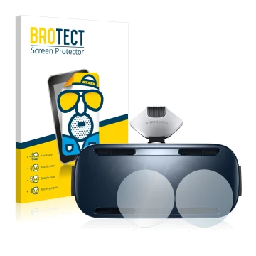 Front side of a product packaging with the brand logo BROTECT. Next to it is the device Samsung Gear VR shown with the corresp