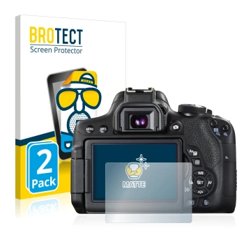 Front side of a product packaging with the brand logo BROTECT. Next to it is the device Canon EOS 750D shown with the correspo
