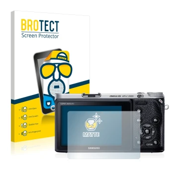 Front side of a product packaging with the brand logo BROTECT. Next to it is the device Samsung NX500 shown with the correspon