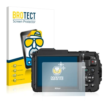 Front side of a product packaging with the brand logo BROTECT. Next to it is the device Nikon Coolpix AW130 shown with the cor