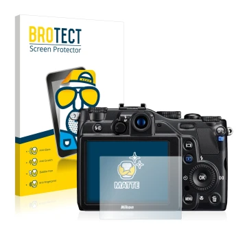 Front side of a product packaging with the brand logo BROTECT. Next to it is the device Nikon Coolpix S7000 shown with the cor