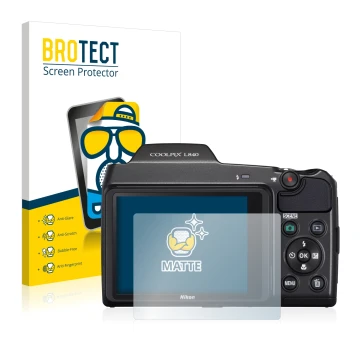 Front side of a product packaging with the brand logo BROTECT. Next to it is the device Nikon Coolpix L840 shown with the corr