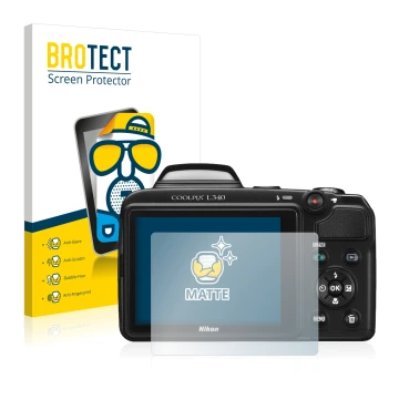 Front side of a product packaging with the brand logo BROTECT. Next to it is the device Nikon Coolpix L340 shown with the corr