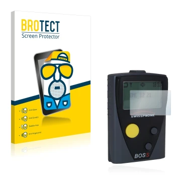 Front side of a product packaging with the brand logo BROTECT. Next to it is the device Swissphone Boss 925 V shown with the c