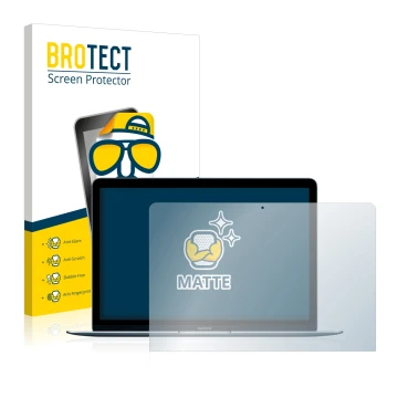 Front side of a product packaging with the brand logo BROTECT. Next to it is the device Apple MacBook 12