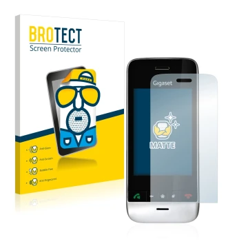 Front side of a product packaging with the brand logo BROTECT. Next to it is the device Gigaset SL910 (oblong cutout) shown wi