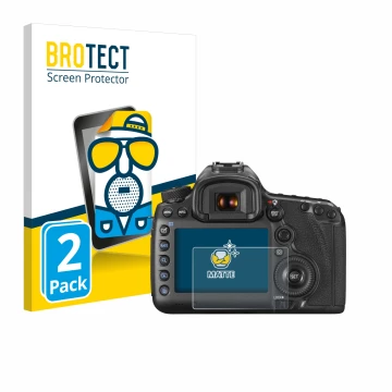Front side of a product packaging with the brand logo BROTECT. Next to it is the device Canon EOS 5DS R shown with the corresp