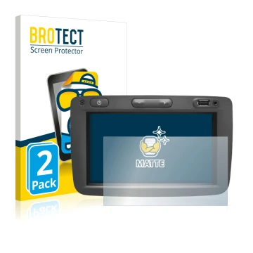 Front side of a product packaging with the brand logo BROTECT. Next to it is the device Dacia Media Nav shown with the corresp