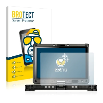 Front side of a product packaging with the brand logo BROTECT. Next to it is the device Getac V110 shown with the correspondin