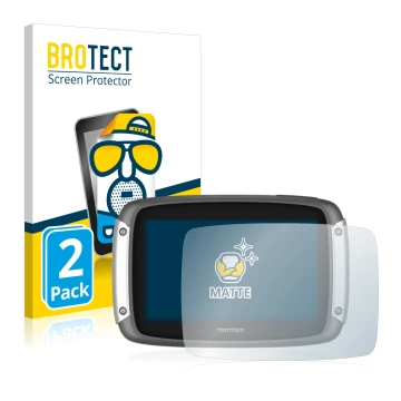 Front side of a product packaging with the brand logo BROTECT. Next to it is the device TomTom Rider 400 shown with the corres