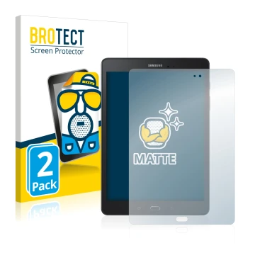 Front side of a product packaging with the brand logo BROTECT. Next to it is the device Samsung Galaxy Tab A 9.7 shown with th
