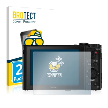 Front side of a product packaging with the brand logo BROTECT. Next to it is the device Sony Cyber-Shot DSC-HX90 shown with th