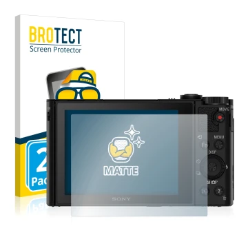 Front side of a product packaging with the brand logo BROTECT. Next to it is the device Sony Cyber-Shot DSC-HX90V shown with t