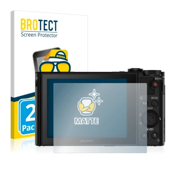 Front side of a product packaging with the brand logo BROTECT. Next to it is the device Sony Cyber-Shot DSC-WX500 shown with t