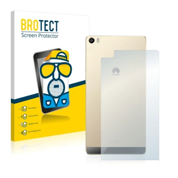 Front side of a product packaging with the brand logo BROTECT. Next to it is the device Huawei P8 Max (Back) shown with the co