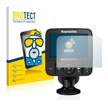 Front side of a product packaging with the brand logo BROTECT. Next to it is the device Raymarine Dragonfly 5 shown with the c
