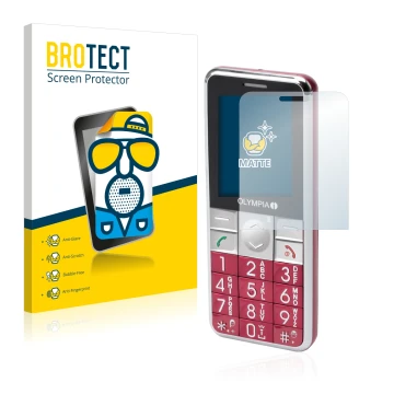 Front side of a product packaging with the brand logo BROTECT. Next to it is the device Olympia Viva Plus shown with the corre