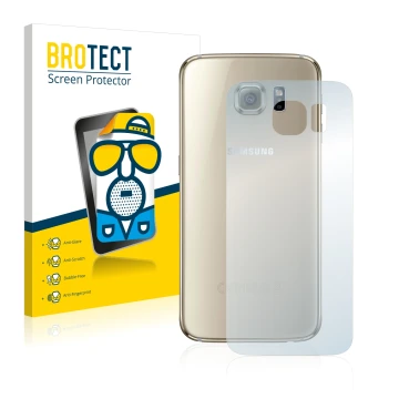 Front side of a product packaging with the brand logo BROTECT. Next to it is the device Samsung SM-G920F (Back) shown with the