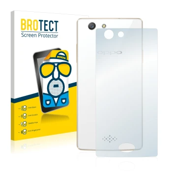 Front side of a product packaging with the brand logo BROTECT. Next to it is the device Oppo A31 2015 (Back) shown with the co