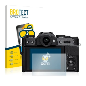 Front side of a product packaging with the brand logo BROTECT. Next to it is the device Fujifilm X-T10 shown with the correspo