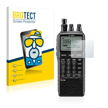 Front side of a product packaging with the brand logo BROTECT. Next to it is the device Icom IC-R20 shown with the correspondi