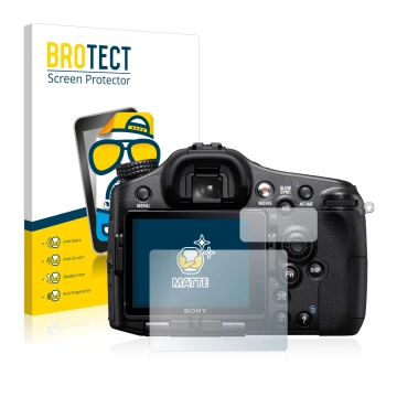 Front side of a product packaging with the brand logo BROTECT. Next to it is the device Sony Alpha 77 (SLT-77) shown with the 