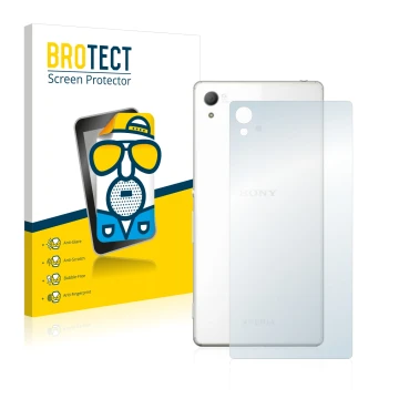 Front side of a product packaging with the brand logo BROTECT. Next to it is the device Sony Xperia Z4 (Back) shown with the c