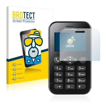 Front side of a product packaging with the brand logo BROTECT. Next to it is the device Simvalley Mobile RX-484 Pico shown wit
