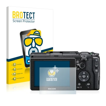 Front side of a product packaging with the brand logo BROTECT. Next to it is the device Ricoh GR II 2015 shown with the corres