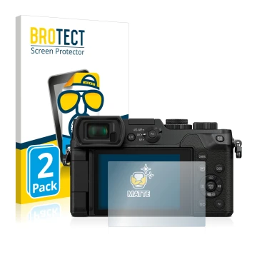 Front side of a product packaging with the brand logo BROTECT. Next to it is the device Panasonic Lumix DMC-GX8 shown with the