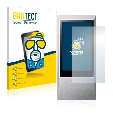 Front side of a product packaging with the brand logo BROTECT. Next to it is the device Astell&Kern AK Jr shown with the corre