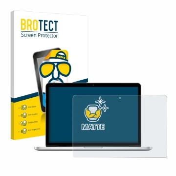 Front side of a product packaging with the brand logo BROTECT. Next to it is the device Apple MacBook Retina Pro 13