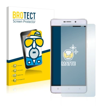 Front side of a product packaging with the brand logo BROTECT. Next to it is the device Gionee Marathon M4 shown with the corr