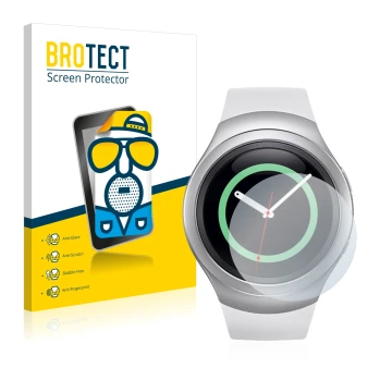 Front side of a product packaging with the brand logo BROTECT. Next to it is the device Samsung Gear S2 shown with the corresp