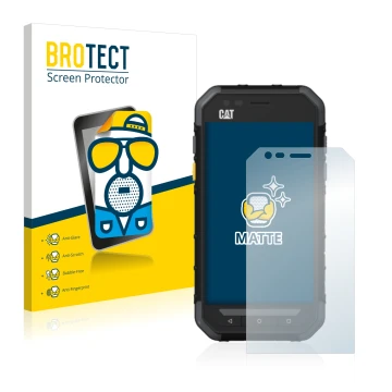 Front side of a product packaging with the brand logo BROTECT. Next to it is the device Caterpillar Cat S30 shown with the cor