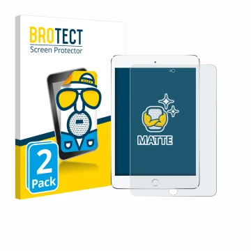 Front side of a product packaging with the brand logo BROTECT. Next to it is the device Apple iPad Mini 4 2015 shown with the 