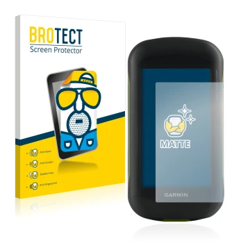 Front side of a product packaging with the brand logo BROTECT. Next to it is the device Garmin Montana 610 shown with the corr