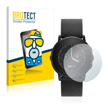 Front side of a product packaging with the brand logo BROTECT. Next to it is the device Pebble Time Round shown with the corre