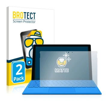 Front side of a product packaging with the brand logo BROTECT. Next to it is the device Microsoft Surface Pro 4 shown with the